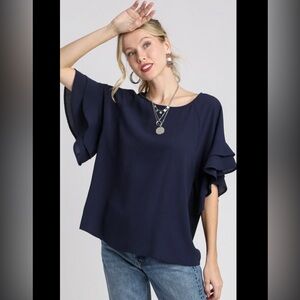H&M Navy Blue Layered Ruffle Sleeves‎ Round Neckline Blouse